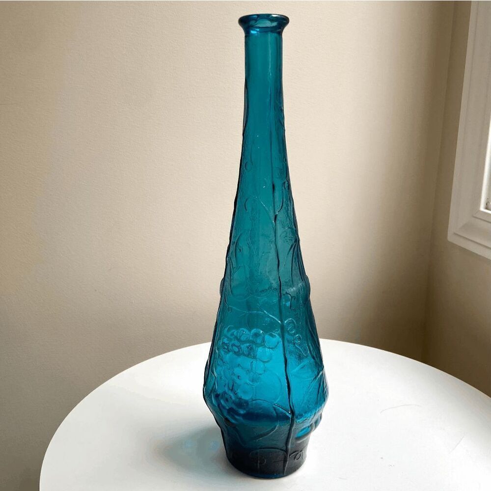 VTG MCM Italian EMPOLI Genie Bottle Decanter Teal Blue Embossed Fruit 15.5” x 5"